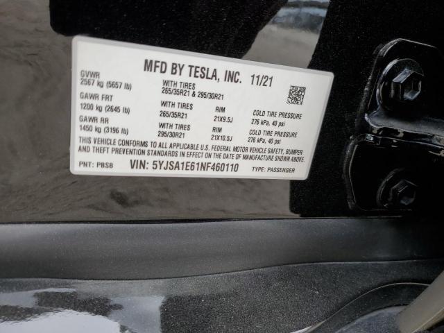 5YJSA1E61NF460110 - 2022 TESLA MODEL S BLACK photo 12