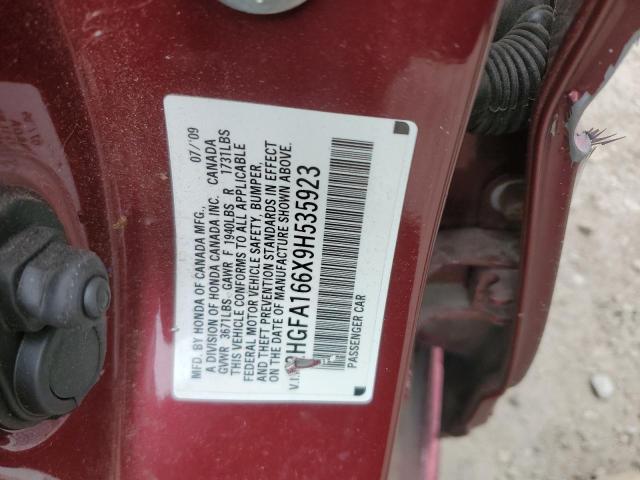 2HGFA166X9H535923 - 2009 HONDA CIVIC LX-S ბურგუნდია ფოტო 12