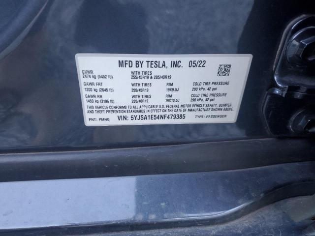 5YJSA1E54NF479385 - 2022 TESLA MODEL S ნაცრისფერი ფოტო 12