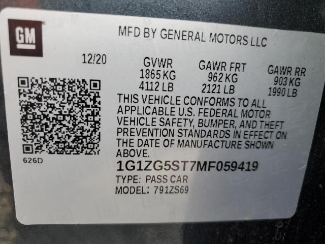 1G1ZG5ST7MF059419 - 2021 CHEVROLET MALIBU RS 灰色 照片 12