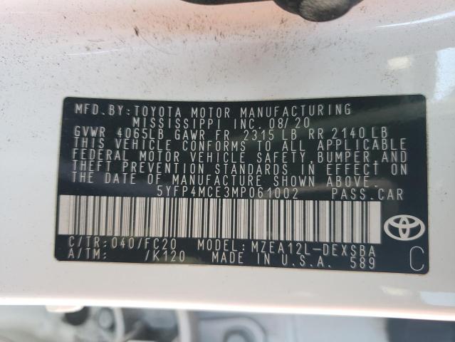 5YFP4MCE3MP061002 - 2021 TOYOTA COROLLA SE WHITE photo 13