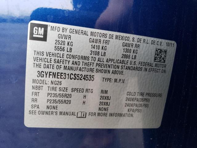 3GYFNEE31CS524535 - 2012 CADILLAC SRX PERFORMANCE COLLECTION Bleu photo 12