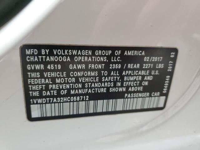 1VWDT7A32HC058712 - 2017 VOLKSWAGEN PASSAT R-LINE თეთრი ფოტო 12