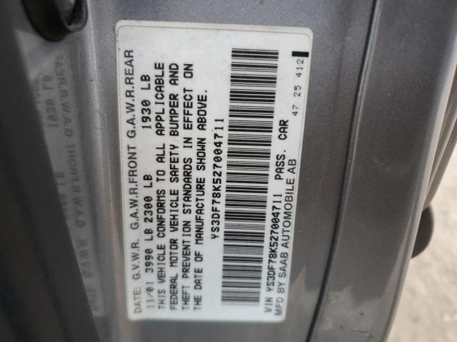 YS3DF78K527004711 - 2002 SAAB 9-3 SE GRAY photo 12