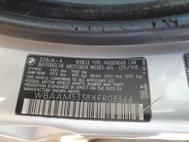 WBAAM5338XFR03366 - 1999 BMW 328 I AUTOMATIC ვერცხლისფერი ფოტო 12