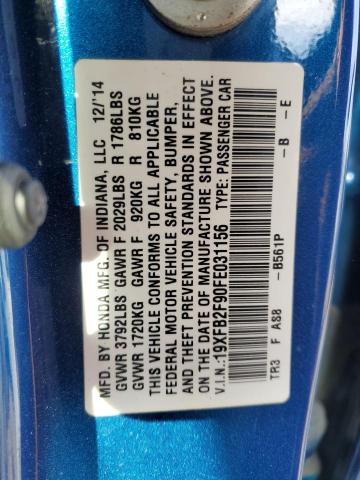 19XFB2F90FE031156 - 2015 HONDA CIVIC EXL ლურჯი ფოტო 12