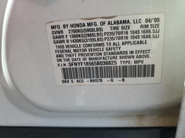 5FNYF18565B036825 - 2005 HONDA PILOT EXL Ağ foto 13