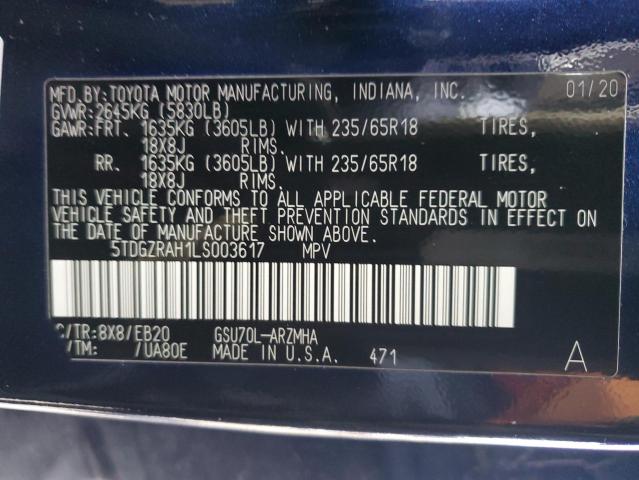 5TDGZRAH1LS003617 - 2020 TOYOTA HIGHLANDER XLE 蓝色 照片 13