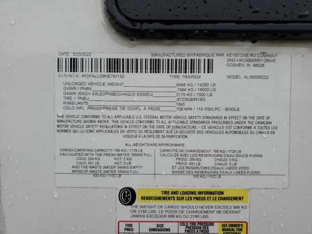 4YDFALU29NE781130 - 2022 ALPI 5TH WHEEL 白色 照片 10