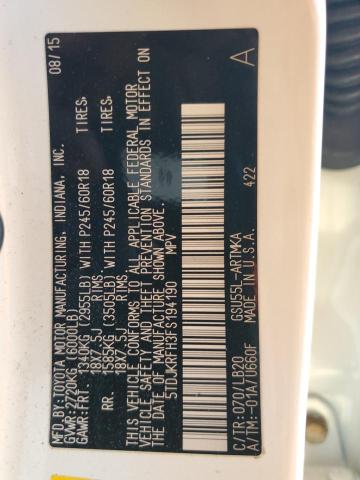 5TDJKRFH3FS194190 - 2015 TOYOTA HIGHLANDER XLE 白色 照片 14