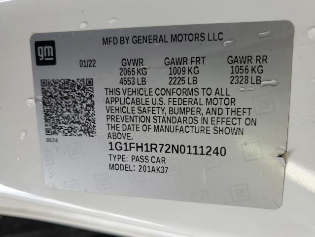 1G1FH1R72N0111240 - 2022 CHEVROLET CAMARO SS WHITE photo 12