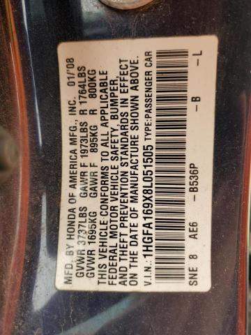 1HGFA169X8L051505 - 2008 HONDA CIVIC EXL BLUE photo 12
