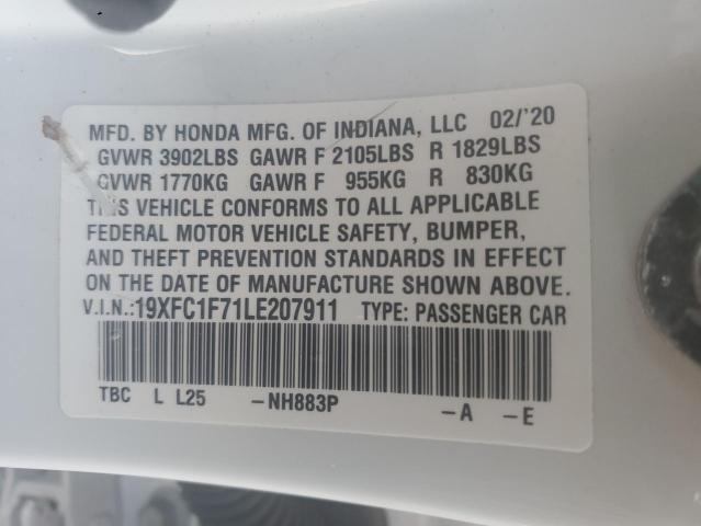 19XFC1F71LE207911 - 2020 HONDA CIVIC EXL თეთრი ფოტო 12