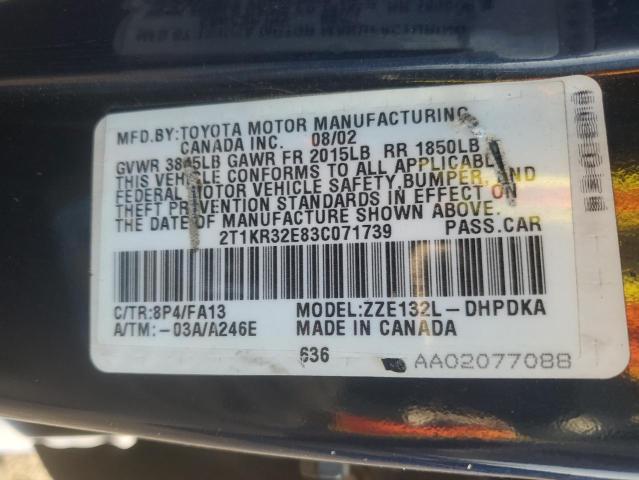 2T1KR32E83C071739 - 2003 TOYOTA COROLLA MA XR BLUE photo 13