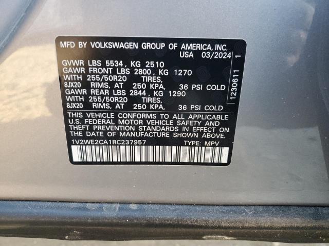 1V2WE2CA1RC237957 - 2024 VOLKSWAGEN ATLAS CROS SE Srebrny zdjęcie 12