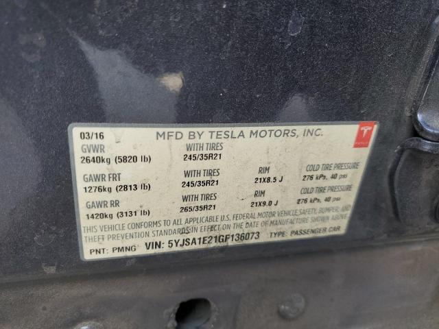 5YJSA1E21GF136073 - 2016 TESLA MODEL S GRAY photo 13