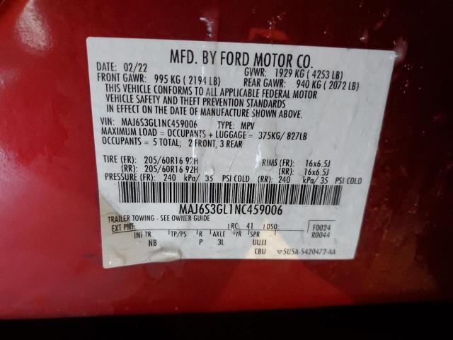 MAJ6S3GL1NC459006 - 2022 FORD ECOSPORT SE ბურგუნდია ფოტო 13