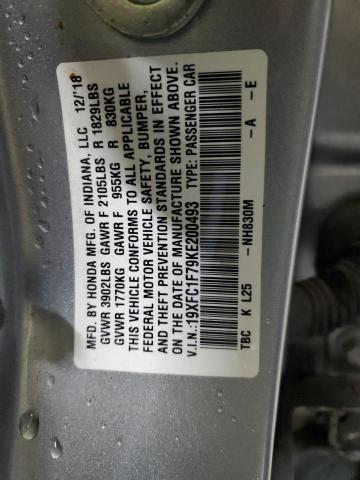 19XFC1F79KE200493 - 2019 HONDA CIVIC EXL SILVER photo 12