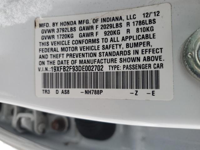 19XFB2F93DE002702 - 2013 HONDA CIVIC EXL თეთრი ფოტო 13