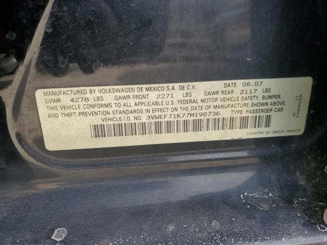 3VWEF71K77M190736 - 2007 VOLKSWAGEN JETTA WOLFSBURG 黑色 照片 12