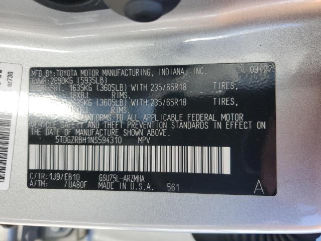 5TDGZRBH1NS594310 - 2022 TOYOTA HIGHLANDER XLE SILVER photo 14