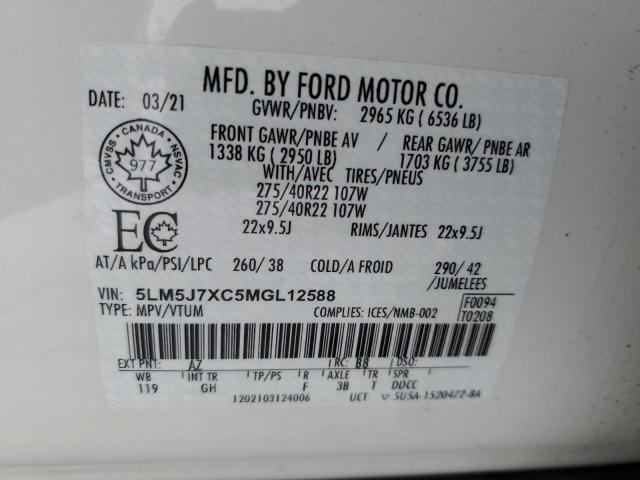 5LM5J7XC5MGL12588 - 2021 LINCOLN AVIATOR RESERVE Biały zdjęcie 13