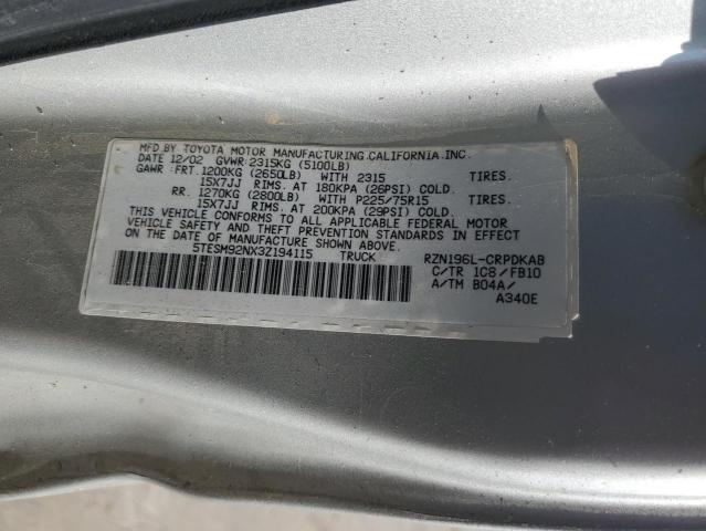 5TESM92NX3Z194115 - 2003 TOYOTA TACOMA XTRACAB PRERUNNER ვერცხლისფერი ფოტო 12