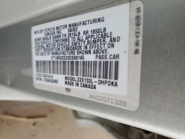 2T1KR32E23C069145 - 2003 TOYOTA COROLLA MA XR SILVER photo 12