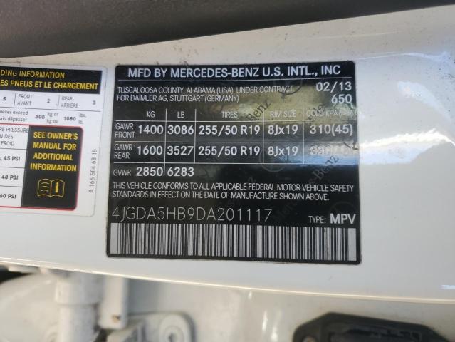 4JGDA5HB9DA201117 - 2013 MERCEDES-BENZ ML 350 4MATIC WHITE photo 13