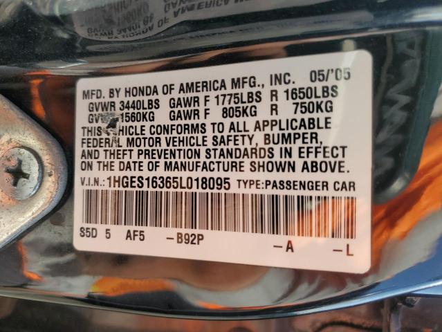1HGES16365L018095 - 2005 HONDA CIVIC DX VP BLACK photo 12