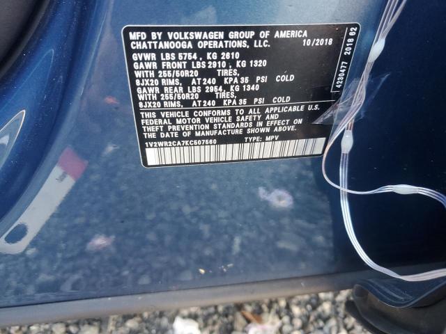 1V2WR2CA7KC507560 - 2019 VOLKSWAGEN ATLAS SE Կապույտ լուսանկար 13