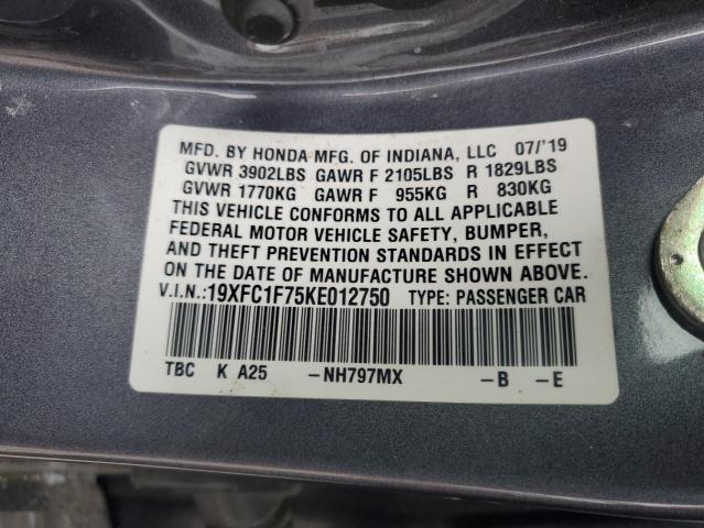 19XFC1F75KE012750 - 2019 HONDA CIVIC EXL GRAY photo 12