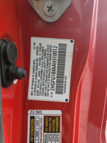 2HGFG1B86AH510012 - 2010 HONDA CIVIC EX RED photo 12