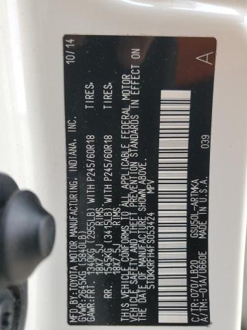 5TDKKRFH4FS053424 - 2015 TOYOTA HIGHLANDER XLE 白色 照片 12