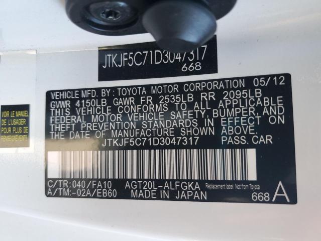 JTKJF5C71D3047317 - 2013 TOYOTA SCION TC თეთრი ფოტო 12