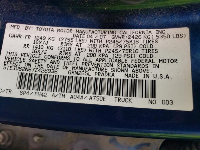 5TEJU62N67Z426936 - 2007 TOYOTA TACOMA DOUBLE CAB PRERUNNER BLUE photo 12