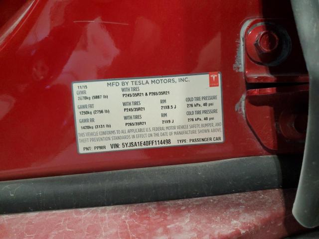 5YJSA1E40FF114498 - 2015 TESLA MODEL S წითელი ფოტო 12