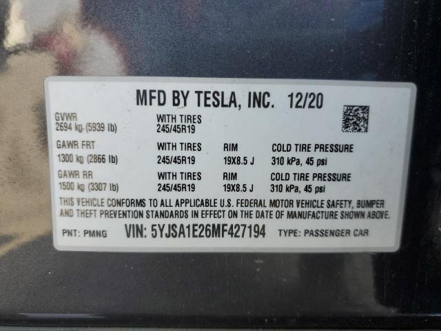 5YJSA1E26MF427194 - 2021 TESLA MODEL S CHARCOAL photo 12