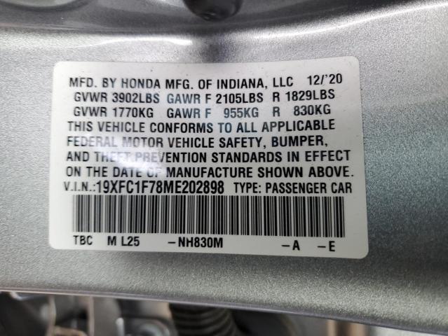 19XFC1F78ME202898 - 2021 HONDA CIVIC EXL ვერცხლისფერი ფოტო 12