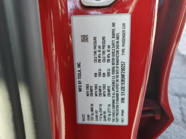5YJ3E1EB5NF290257 - 2022 TESLA MODEL 3 Червоний фото 12