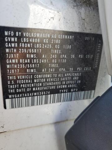 WVGAV7AX4FW536574 - 2015 VOLKSWAGEN TIGUAN S WHITE photo 13