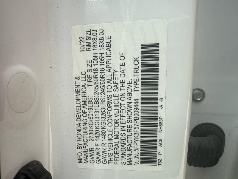 5FPYK3F57PB009444 - 2023 HONDA RIDGELINE RTL WHITE photo 10