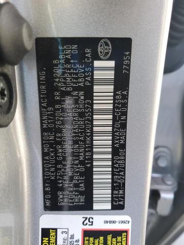 4T1B11HK4KU735573 - 2019 TOYOTA CAMRY L SILVER photo 12
