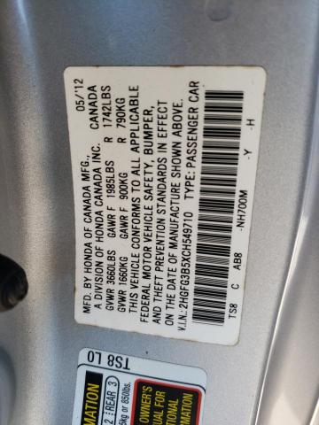 2HGFG3B5XCH549710 - 2012 HONDA CIVIC LX SILVER photo 12