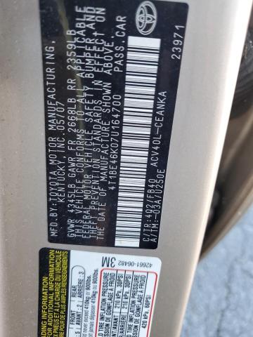4T1BE46K07U164700 - 2007 TOYOTA CAMRY CE ოქროსფერი ფოტო 12