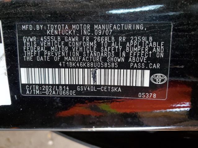 4T1BK46K88U058585 - 2008 TOYOTA CAMRY LE BLACK photo 12