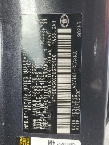 4T1BE46K87U675166 - 2007 TOYOTA CAMRY CE ნაცრისფერი ფოტო 12