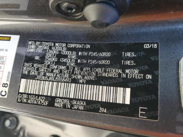 JTEBU5JRXJ5558493 - 2018 TOYOTA 4RUNNER SR5/SR5 PREMIUM Графитовый фото 13