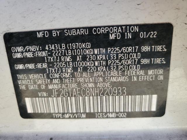 JF2GTAEC8NH220933 - 2022 SUBARU CROSSTREK PREMIUM 白色 照片 13