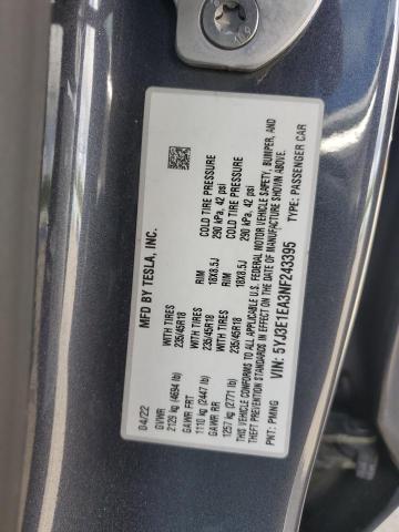 5YJ3E1EA3NF243395 - 2022 TESLA MODEL 3 CHARCOAL photo 12